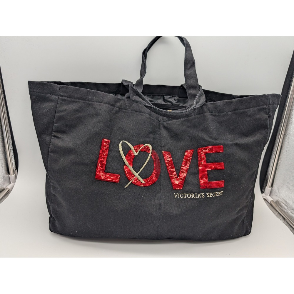 Victoria's Secret Black Canvas LOVE Sequin Tote Bag Large Travel Beach Bag